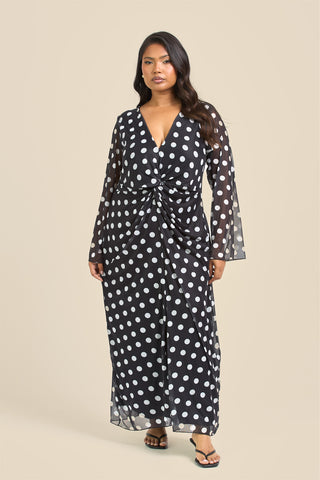 Curve Twist Front Polka Dot Mesh Midi Dress