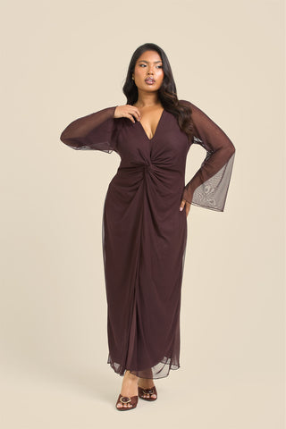 Curve Twist Front Plain Mesh Midaxi Dress