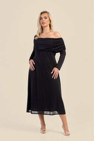 Curve Gathered Neck Long Sleeve Midi Dress