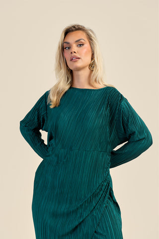 Curve Plisse Ruched Front Emerald Green Midaxi Dress