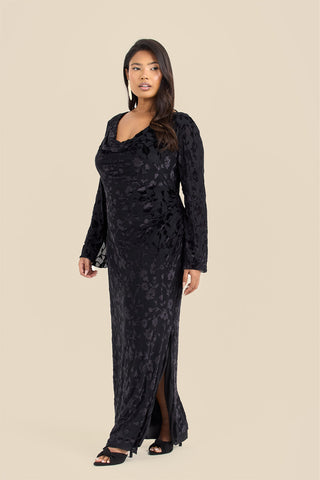 Plus Size Black Velvet Devore Cowl Neck Maxi Dress