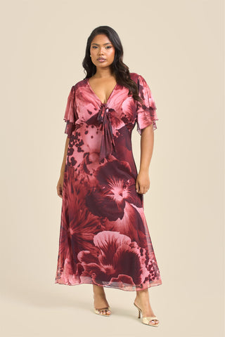 Curve Bold Pansy Print Flutter Sleeve Tie Front Midi Dress