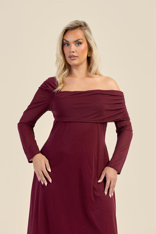 Curve Gathered Neck Long Sleeve Midi Dress