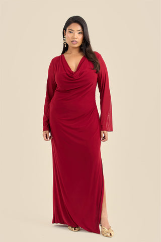 Plus Size Burgundy Long Sleeve Cowl Neck Mesh Maxi Dress