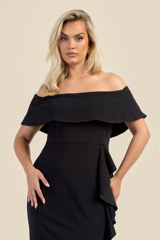 Curve Bardot Fold Over Scuba Crepe Ruffle Midaxi Dress