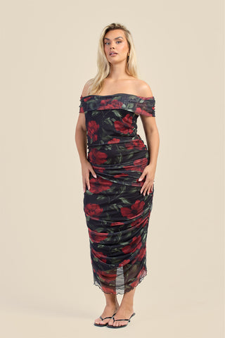 Curve bardot mesh rose print midi dress