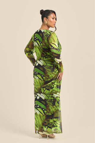 Curve Abstract Print Ruched Mesh Midaxi Dress