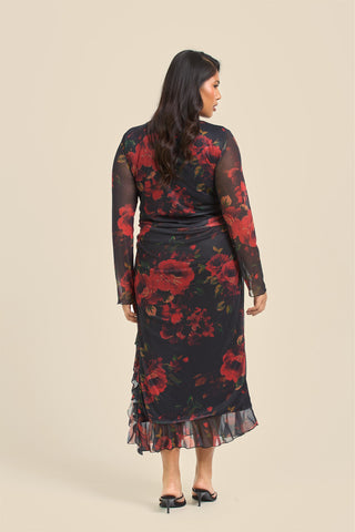 Curve Rose Print Ruffle Hem Mesh Midi Dress