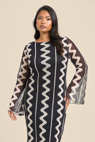 Curve mono print mesh flare sleeve maxi dress