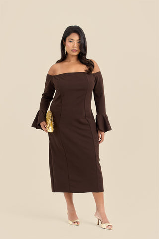 Curve Bardot Ruffle Sleeve Scuba Midi Dress