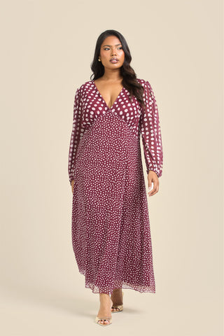 Curve Balloon Sleeve Mixed Polka Dot Midi Dress