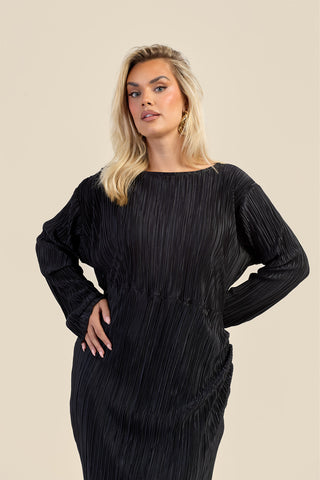 Curve Ruched Front Long Sleeve Black Plisse Midaxi Dress