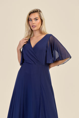 Curve Wrap Front Angel Sleeve Mesh Maxi Dress