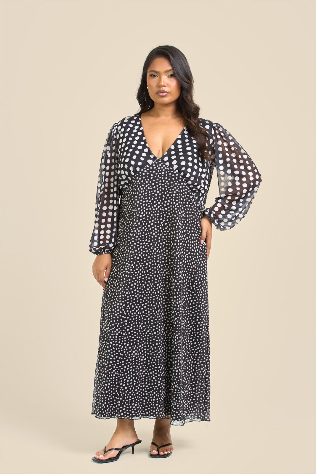 Plus Size Black Polka Dot Balloon Sleeve Mesh Midi Dress Fashion//SZN Plus Size Black Polka Dot Balloon Sleeve Mesh Midi Dress Fashion//SZN