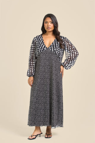 Curve Mixed Polka Dot Balloon Sleeve Midi Dress