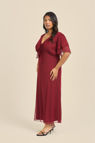 Curve Flutter Sleeve Burgundy Mesh Tie Front Midi Dress