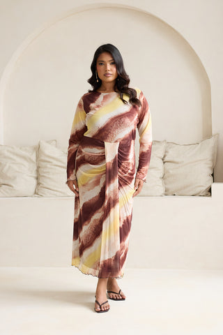 Curve Abstract Print Draped Front Long Sleeve Midi Dress