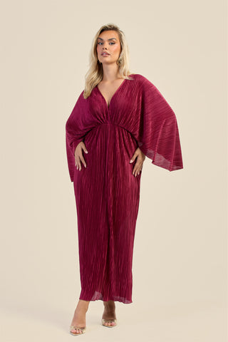 Curve Batwing plisse Burgundy Maxi Dress