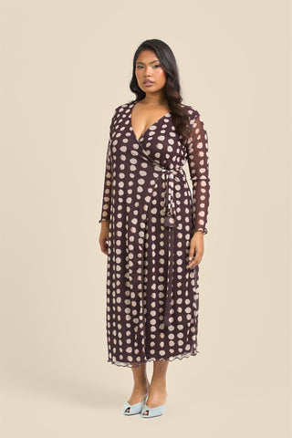 Curve Chocolate Polka Dot Wrap Over Tie Side Midaxi Dress