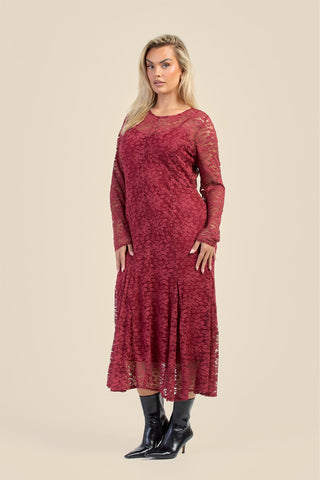 Curve Long Sleeve Lace Godet Hem Midaxi Dress