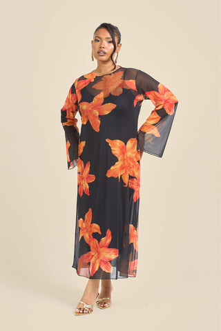 Curve Swing Style Bold Floral Mesh Midaxi Dress