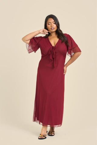 Curve Flutter Sleeve Burgundy Mesh Tie Front Midi Dress