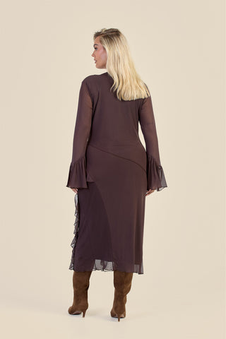 Curve Mesh Ruffle Sleeve Midi Dress