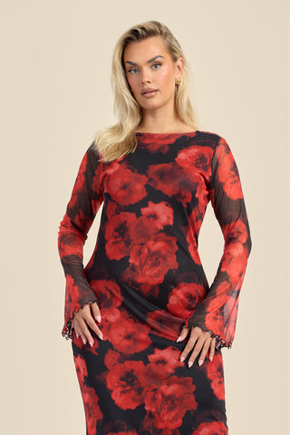 Curve Large floral flare sleeve mesh maxi dress
