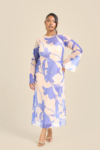 Curve Swing Style Floral Abstract Mesh Midaxi Dress