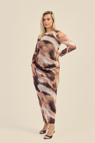 Curve long sleeve mesh abstract print midaxi print