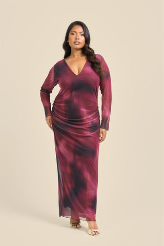 Curve plunge neck burgundy ruched mesh midaxi dress