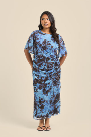 Curve Blue Abstract Print Flutter Sleeve Ruched Midi Dress