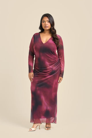 Curve plunge neck burgundy ruched mesh midaxi dress