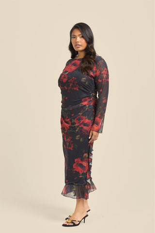 Curve Rose Print Ruffle Hem Mesh Midi Dress