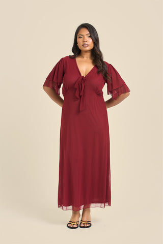 Curve Flutter Sleeve Burgundy Mesh Tie Front Midi Dress