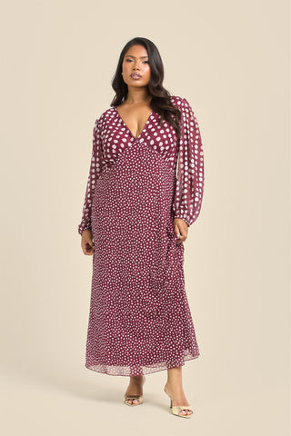 Curve Balloon Sleeve Mixed Polka Dot Midi Dress
