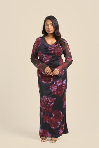Curve Cowl neck Mesh flare sleeve Dark floral Maxi Dress