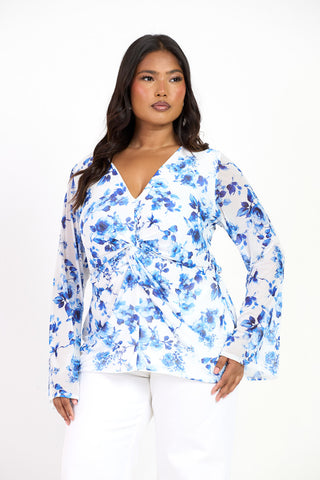Curve Blue Floral Twist Front Flare Sleeve Top