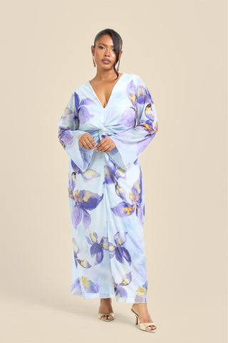 Curve Floral Lily Print Twist Front Mesh Flare Sleeve Midi Dress