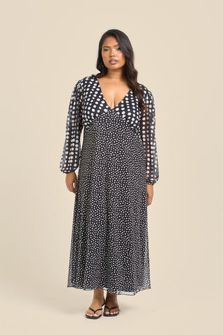 Curve Mixed Polka Dot Balloon Sleeve Midi Dress
