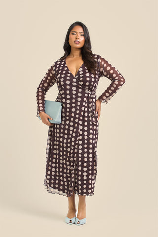 Curve Chocolate Polka Dot Wrap Over Tie Side Midaxi Dress