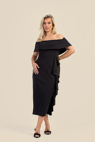 Curve Bardot Fold Over Scuba Crepe Ruffle Midaxi Dress