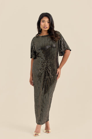 Plus Size Gold Sequin Ruched Flutter Sleeve Midi Dress