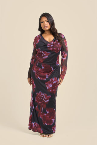 Curve Cowl neck Mesh flare sleeve Dark floral Maxi Dress