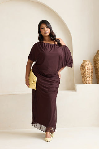 Curve Drop Shoulder Ruched Mesh Chocolate Midaxi Dress