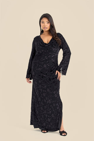 Plus Size Black Velvet Devore Cowl Neck Maxi Dress