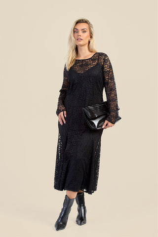 Curve Long Sleeve Lace Godet Hem Midaxi Dress