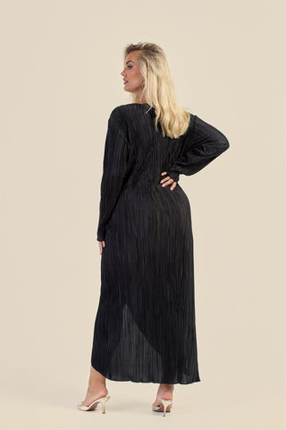 Curve Ruched Front Long Sleeve Black Plisse Midaxi Dress