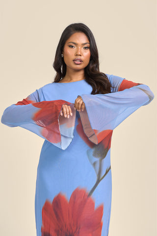 Curve Statement Floral Long Sleeve Mesh Maxi Dress