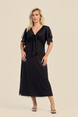 Curve Flutter Sleeve Black Mesh Tie Front Midi Dress